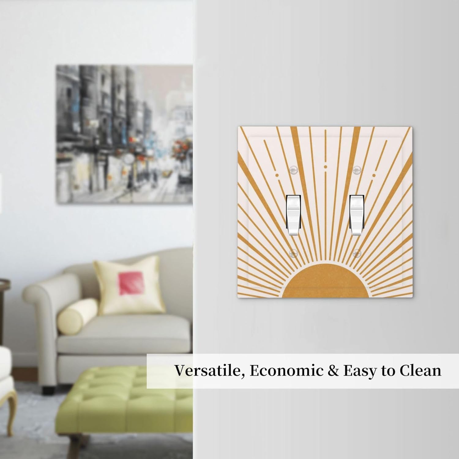 Boho Gold Sun Mid Century Sunrise Simple Decorative Switch Plates 2 Gang Double Toggle Outlet Light Switch Cover Wall Plate Electrical Faceplate for Bedroom Living Room Decor