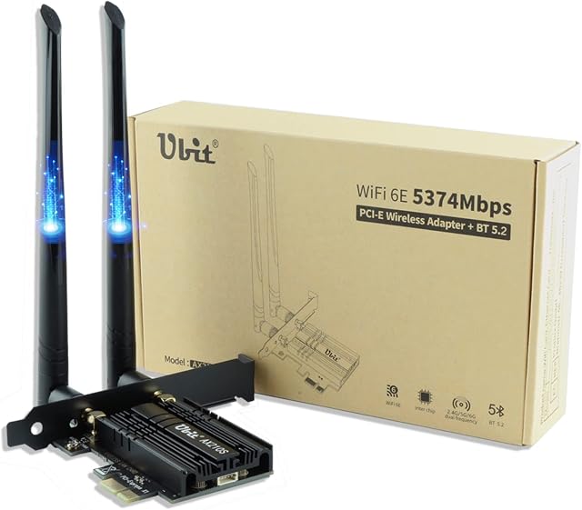 Ubit WiFi 6E AX210 PCIE WiFi Card Extends to 6GHz (6GHz/5GHz/2.4GHz),Up to 5400Mbps,BT5.2,OFDMA,MU-MIMO,Ultra-Low Latency,(Support Win 10 64bit Only)