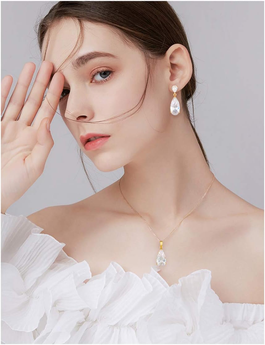 Wedding Jewelry Set for Bridesmaids - Sterling Silver Teardrop CZ Crystal Cubic Zirconia Rhinestone Diamond Bridal Necklace Earrings Set for Bride Mother of Bride Party Prom Birthstone Costume Jewelry
