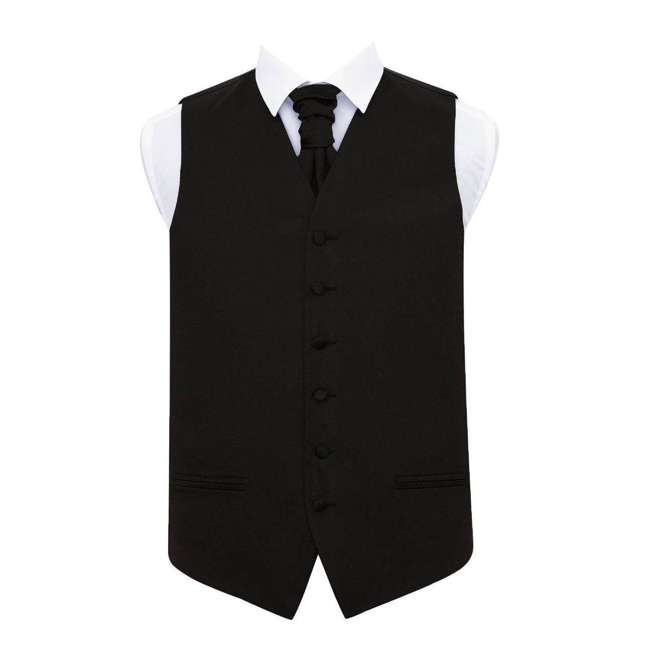 Dqt Men's Black Plain Satin Waistcoat & Pre-Tied Scrunchie Cravat Set (2Pc) - Wedding, Business & Formal - 50" (5Xl)