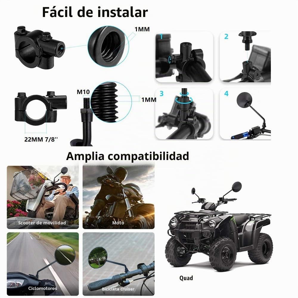 Espejos laterales de motocicleta, Espejo lateral de Motocicleta Redondo 10mm Espejo de Manillar Negro para Moto Bicicleta