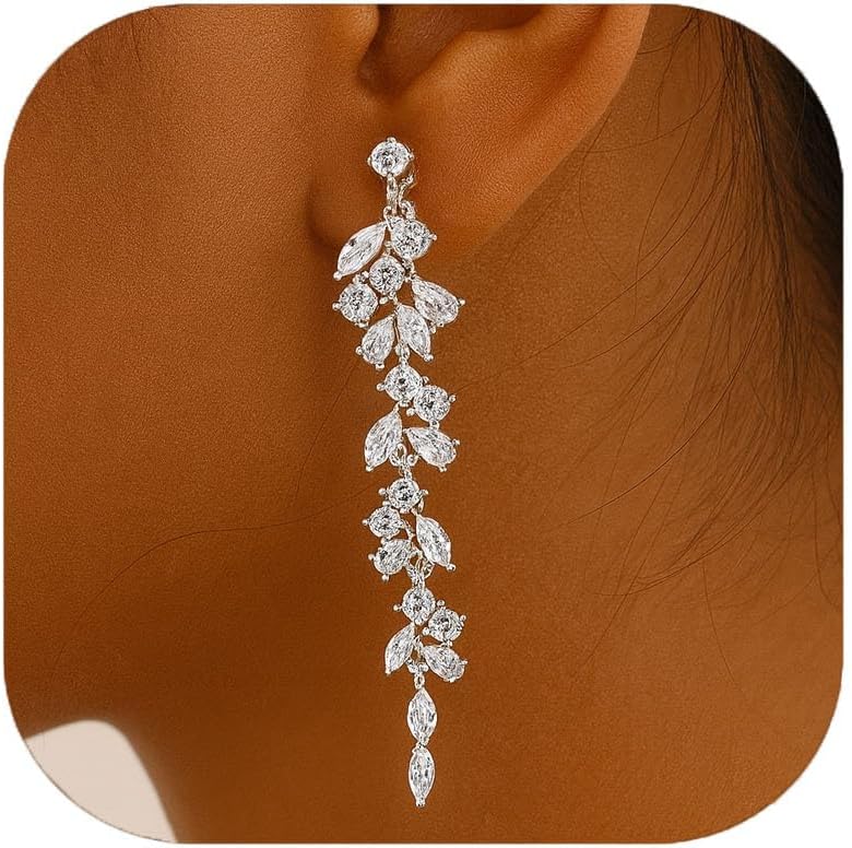 Long Tassel 925 Sterling Silver Drop Clip On Earrings for Women, Cubic Zirconia CZ Dangle Drop Earrings Non Pierced Earrings for Wedding Party