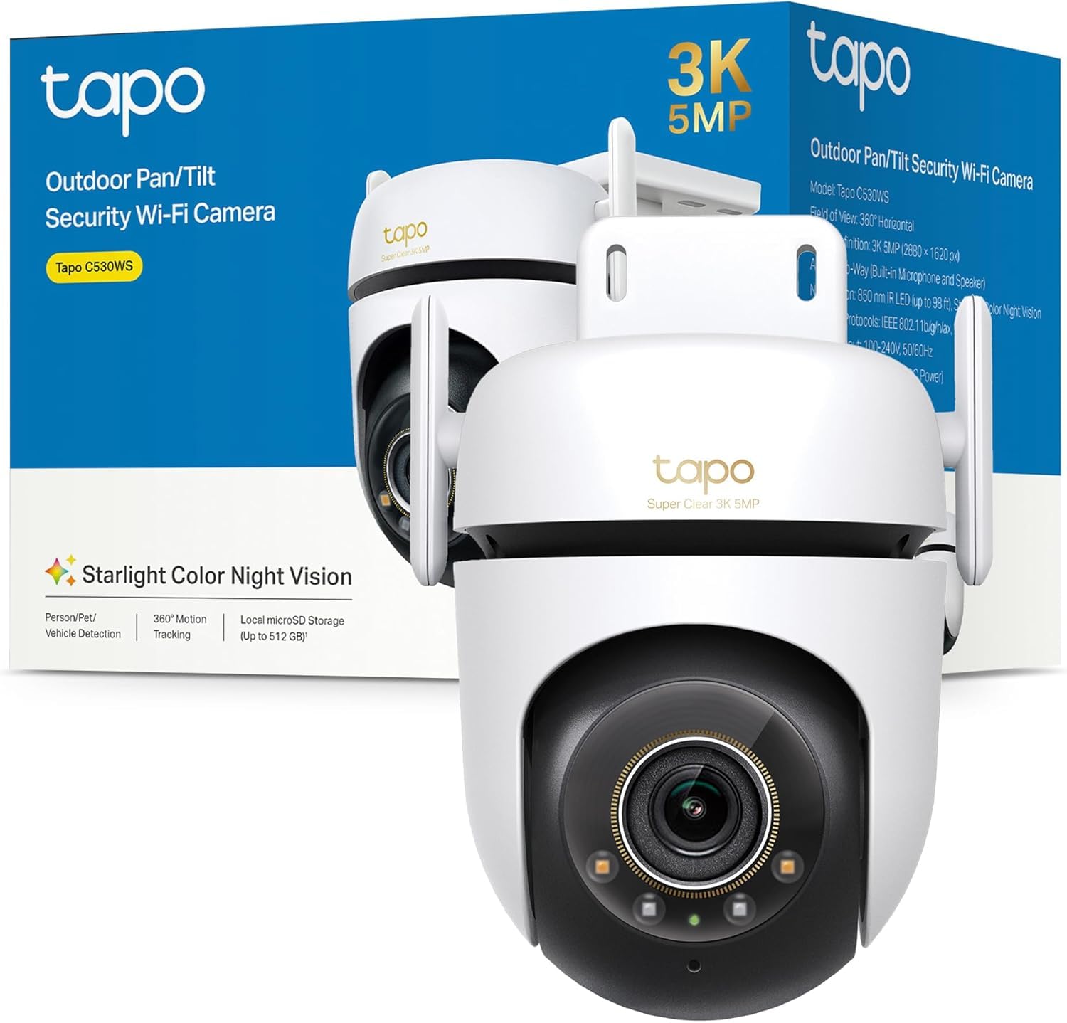 TP-Link Tapo C530WS | Kamera obrotowa Wi-Fi 3MP z kolorowym trybem nocnym | Pan/Tilt/Zoom | AI detekcja | IP66 | Kompatybilna z Alexa i Google Home