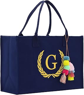 Personalized Gift Monogram Initial 100% Cotton Chic Tote Bag for Women - Navy (G)