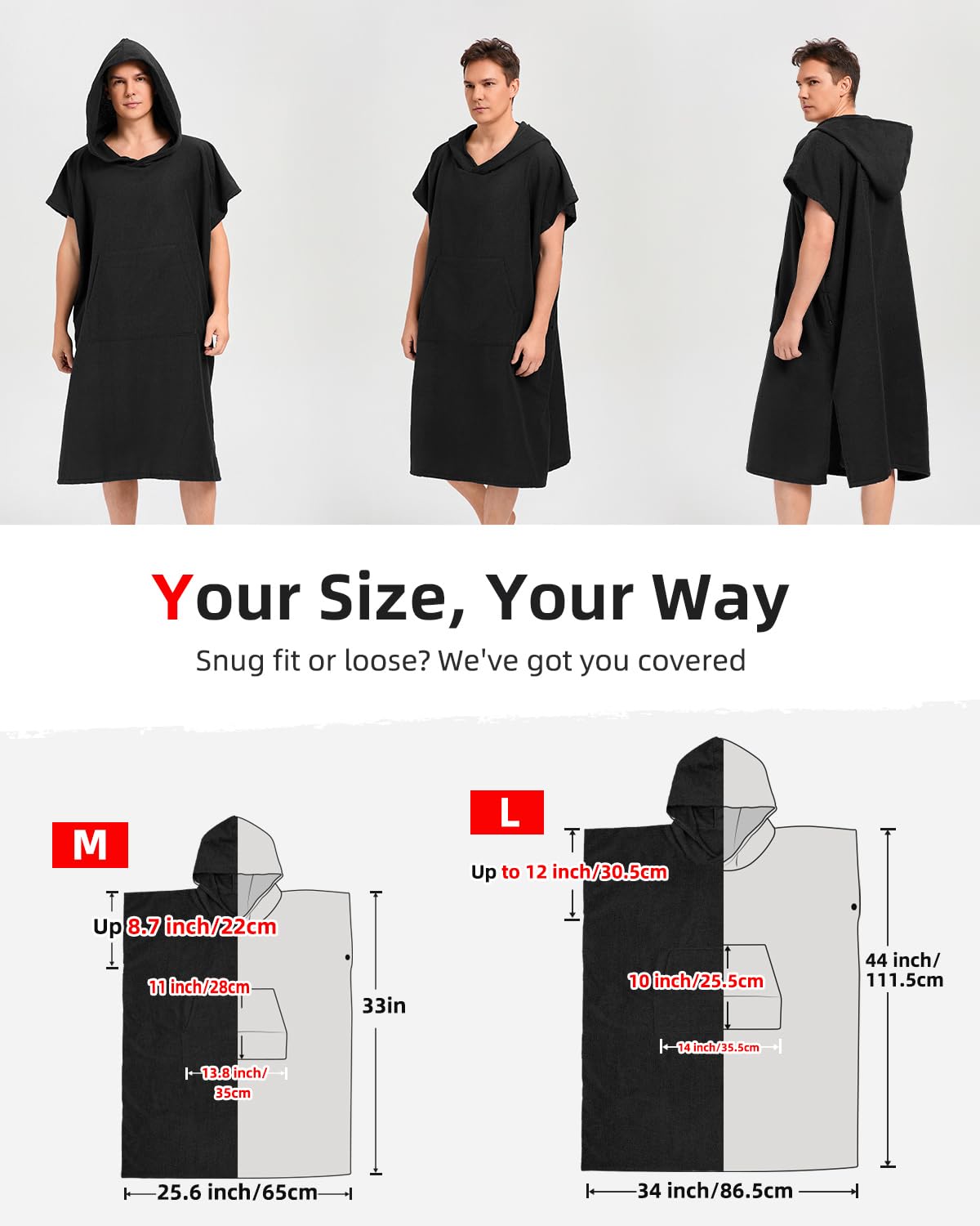 Abahub Poncho de Surf con Capucha de Microfibra,Poncho de Baño para Hombre y Mujer,Poncho Toalla para Cambiarse,Absorbente, Ligero y de Secado Rápido,Ideal para Playa, Piscina, Surf, Ducha y Casa,L