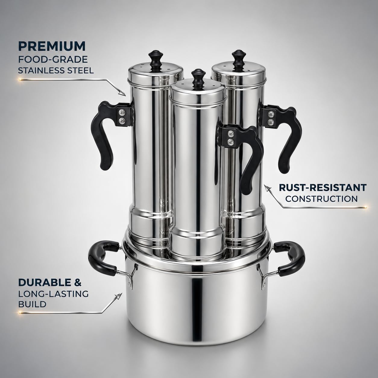 Nakshathra Stainless Steel Puttu Maker with Steamer 3 Plus 1 Free Extra Big with Caps, Puttu Kudam with Bakelite Handle, Induction & Gas Compatible, Toxin Free 1