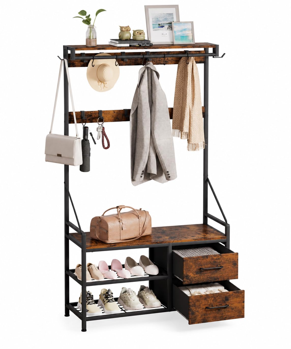 Yorbay Perchero multifuncional con zapatero banco: perchero extraíble para pasillo, marco de metal con cajones, ganchos – Perchero de pared zapatero para pasillo, salón, entradas