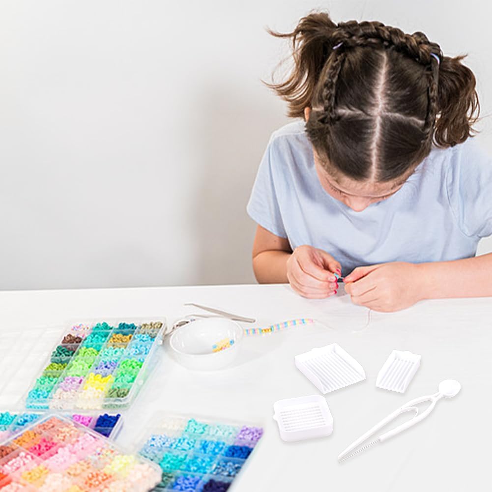 FREEBLOSS 4 in 1 Fuse Bead Picking Tray Set Fuse Bead Tray Tool Kit Includes Single Needle Tweezer & Spoon, Suitable for 2.6mm Mini Size Beads, White - Image 3