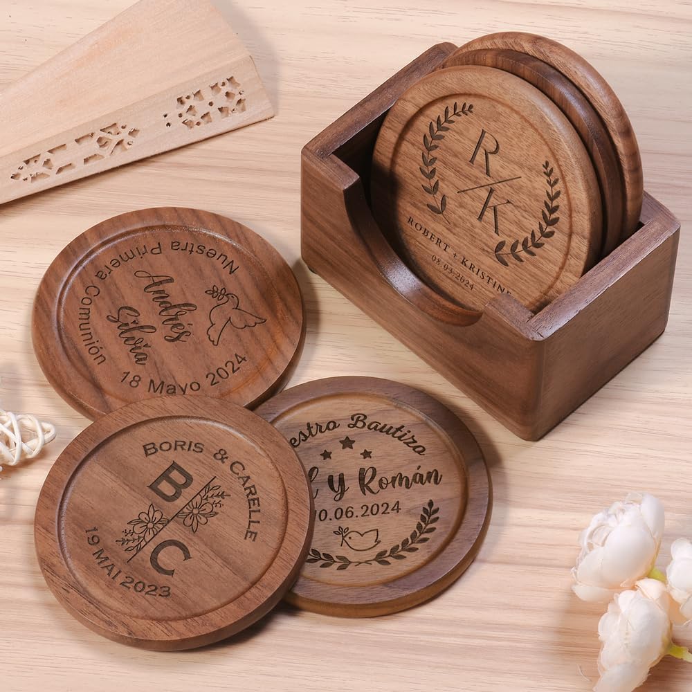 Custom Coaster Set of 6 with Holder, Personalized Handmade Wooden Coasters, Personalized Gifts for Wedding, Anniversary, Family, Housewarming (Walnut)