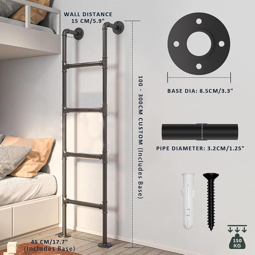 Wandmontierte Dachbodenleiter aus Metall für den Innen- und Außenbereich, verstellbar, 100300 cm, perfekt zum Bettklettern, Größe: 230 cm