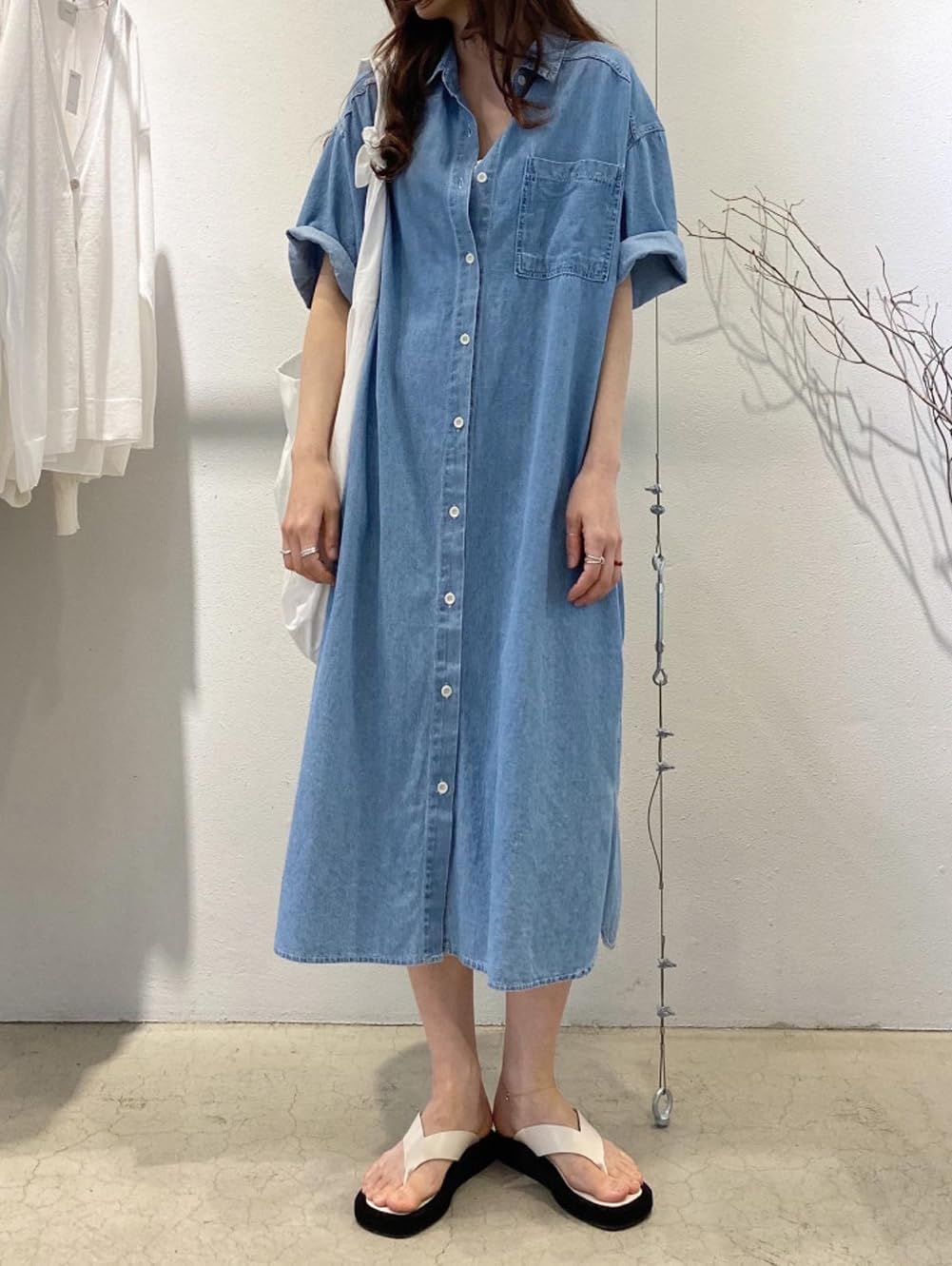chouyatou Women's Summer Casual Short Sleeve Long Denim Shirt Dress Casual Loose Button Down Jean Dress - Image 2