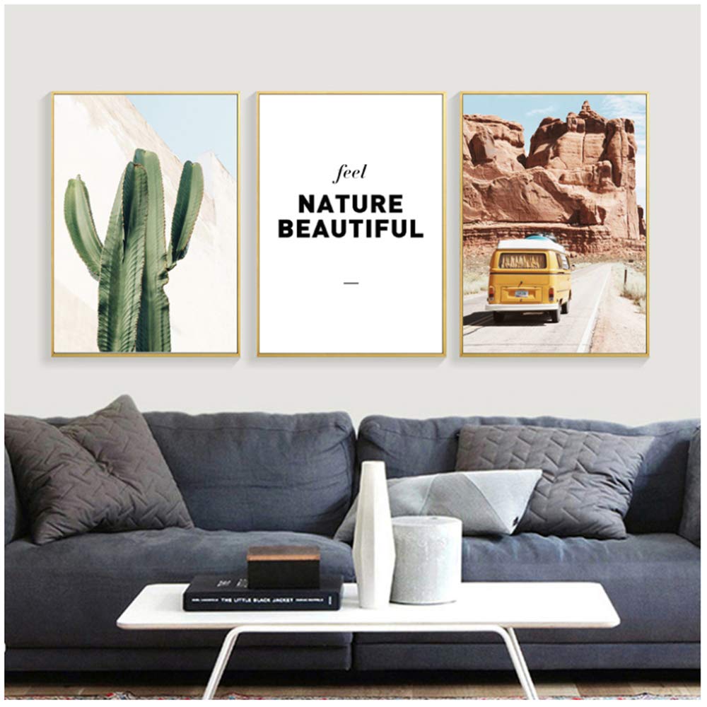 Lienzo Pintura Cactus Carteles e Impresiones Cartel Lámina Art Gobi Paisaje Imágenes de Pared del Coche para la decoración de la Sala de Estar 30x40cm (11.8 "x15.7) x3 con Marco