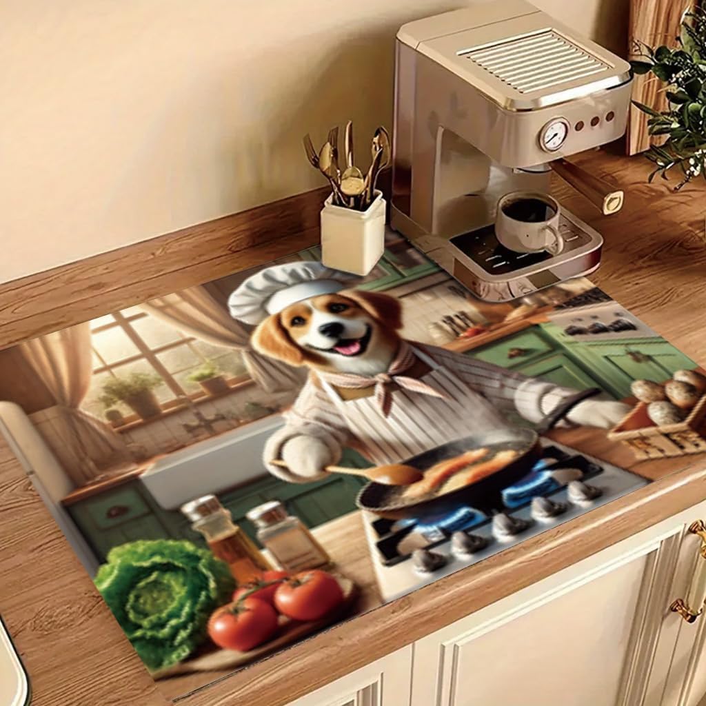 2D Flat Stove Top Cover Protector 28 x 20 Inch Glass Cooktop Cover Cartoon Chef Dog and Ingredients Design Counter Mat Kitchen Decor Electric Stove Cover Space Saver