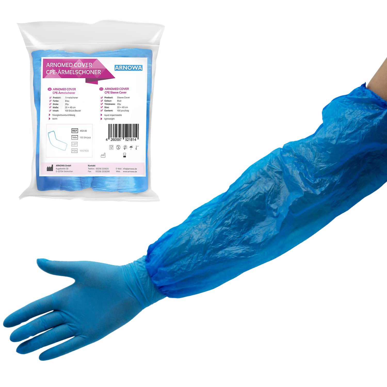 100x ARNOMED® CPE Einweg Ärmelschoner Extra Stark, Plastik Ärmelschoner | Einweg Armstulpen mit Gummizug Blau, Wasserdicht, Ärmelschutz gegen Schmutz für Damen & Herren, Einweg Armlinge