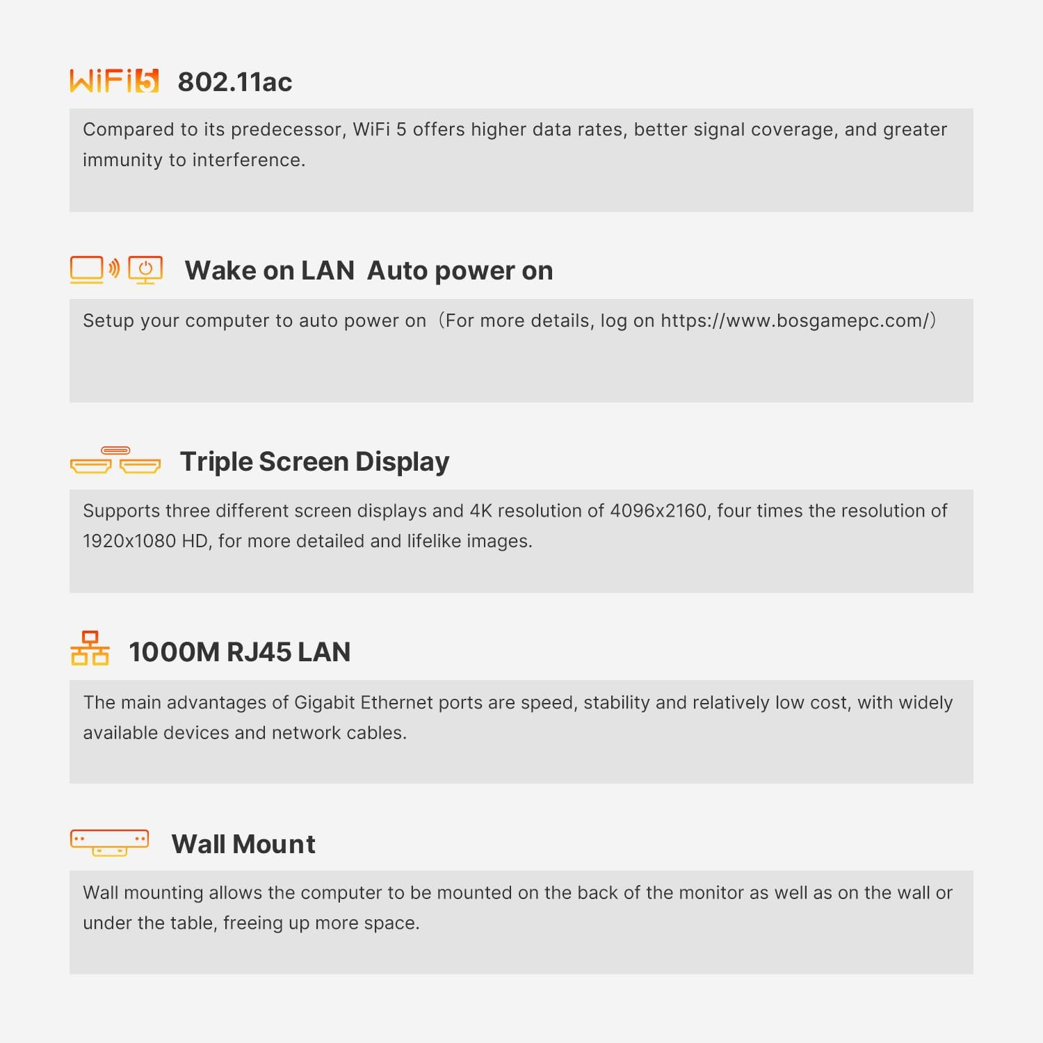 Diagram explaining additional features: Wi-Fi 5 (802.11ac), Wake on LAN, Triple Screen Display, 1000M RJ45 LAN, and Wall Mount capability.