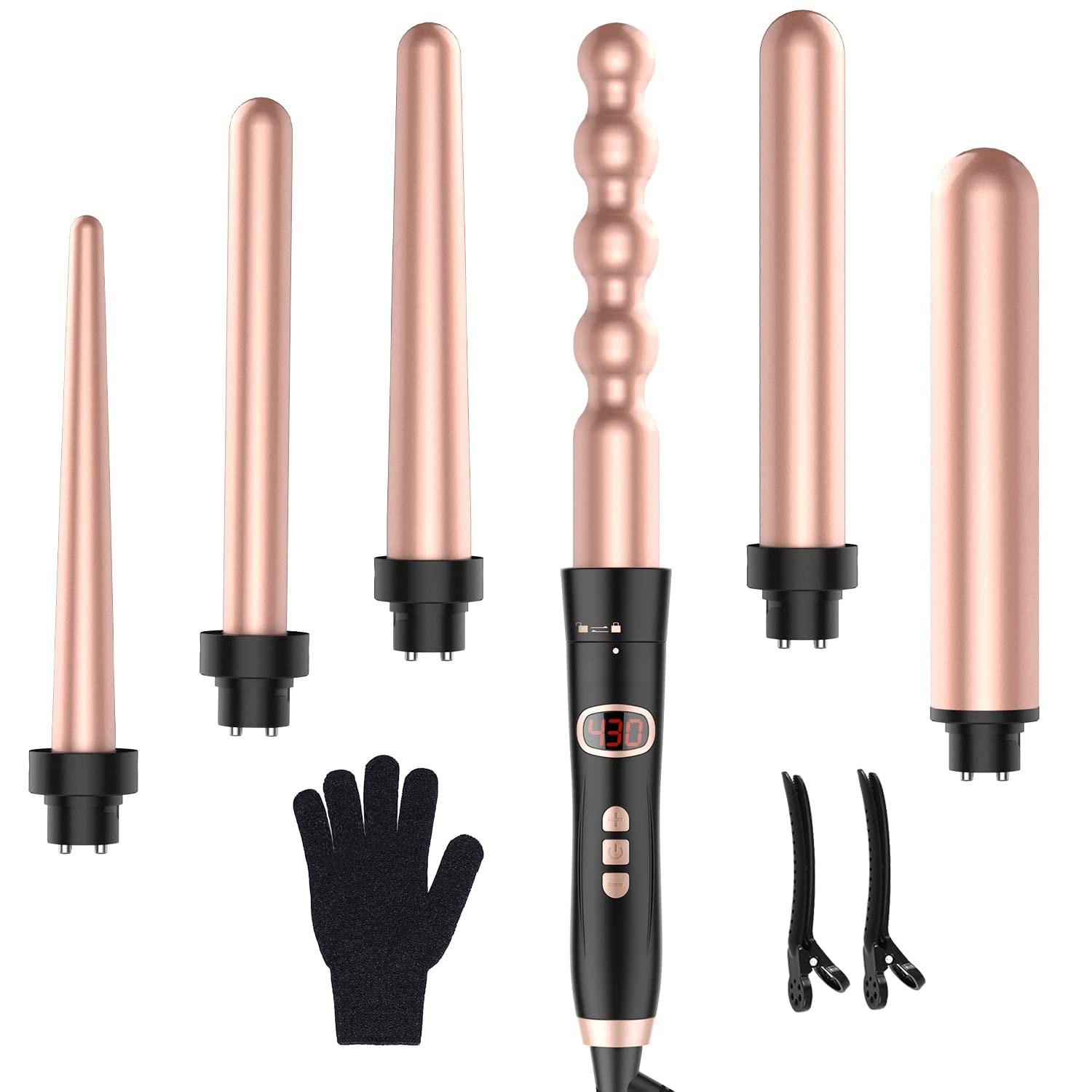 BESTOPE PRO 6 in 1 Lockenstab Zauberstab Set Temperatur einstellbar mit 6 austauschbaren Keramik konischen Spiralfässern Rose Golden Haar Lockenwickler und Hitzeschutzhandschuh