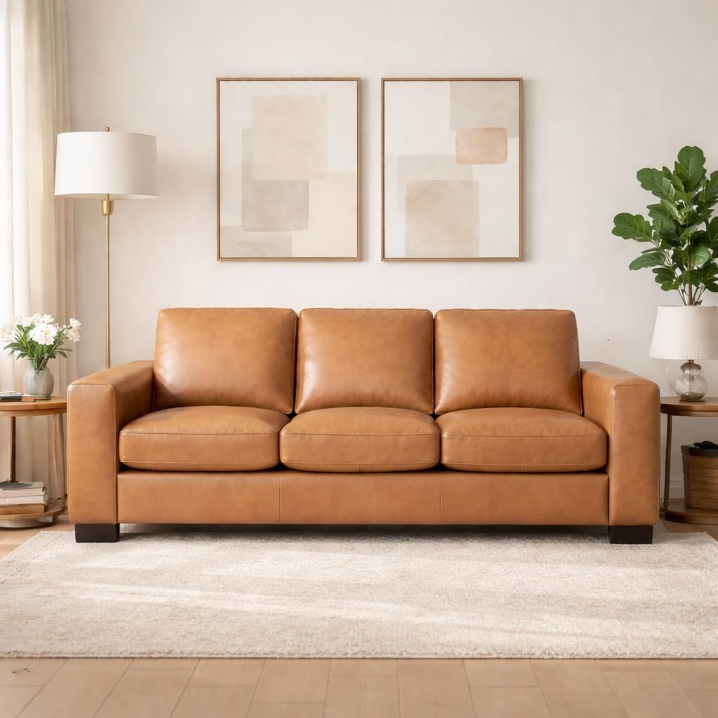 Naomi Home Genuine Leather Couch for Family Living Room – Luxury Sofa with Ergonomic Backrest, Square Arms, Solid Wood Frame, Strong Weight Capacity & Removable Cushions – Premium Genuine Leather Sofa