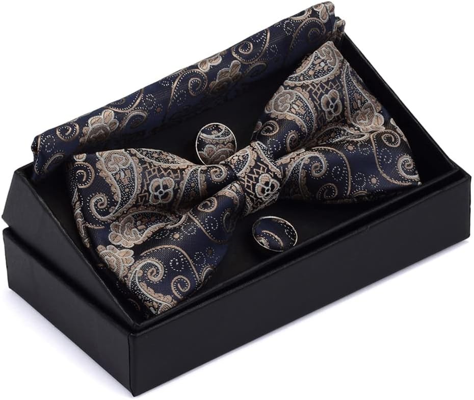 Paisley Floral Bow Tie Pocket Square Cufflinks with Gift Box for Wedding Men's Pre-Tied Bow Tie Set