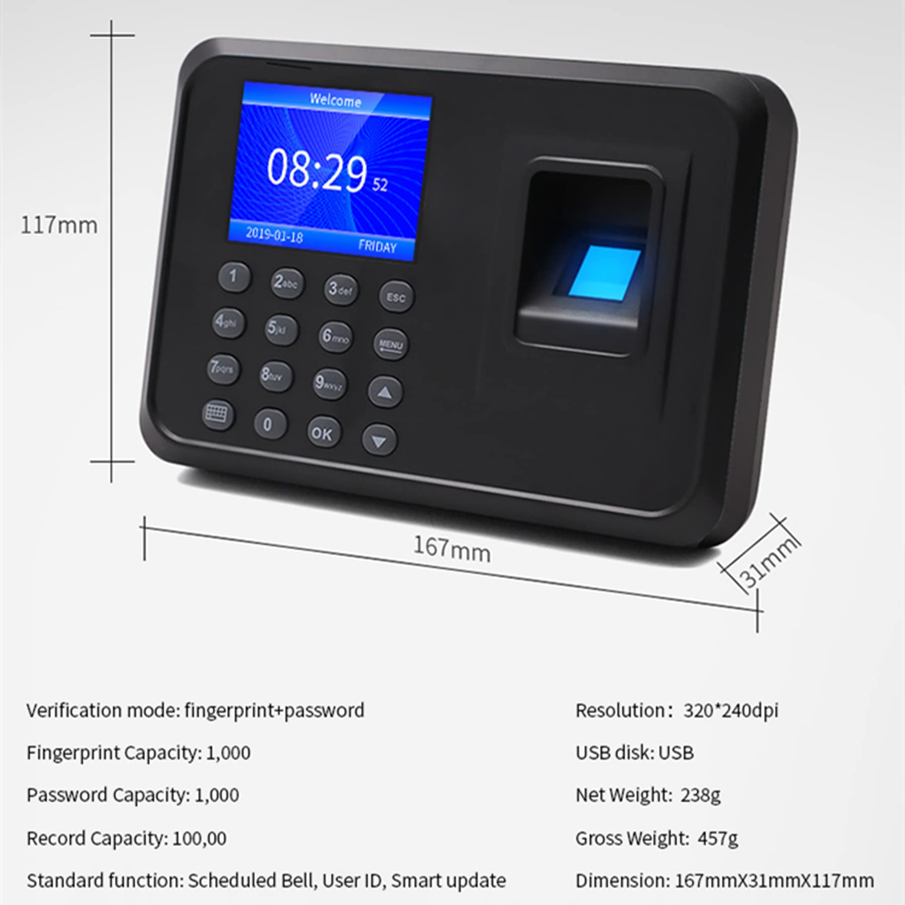Macchina di assistenza, macchina schema di assistenza biometrica a impronta digitale con disco U 8G, capacità di 100.000 record,2,4 pollici, schermo LCD, sistema spagnolo