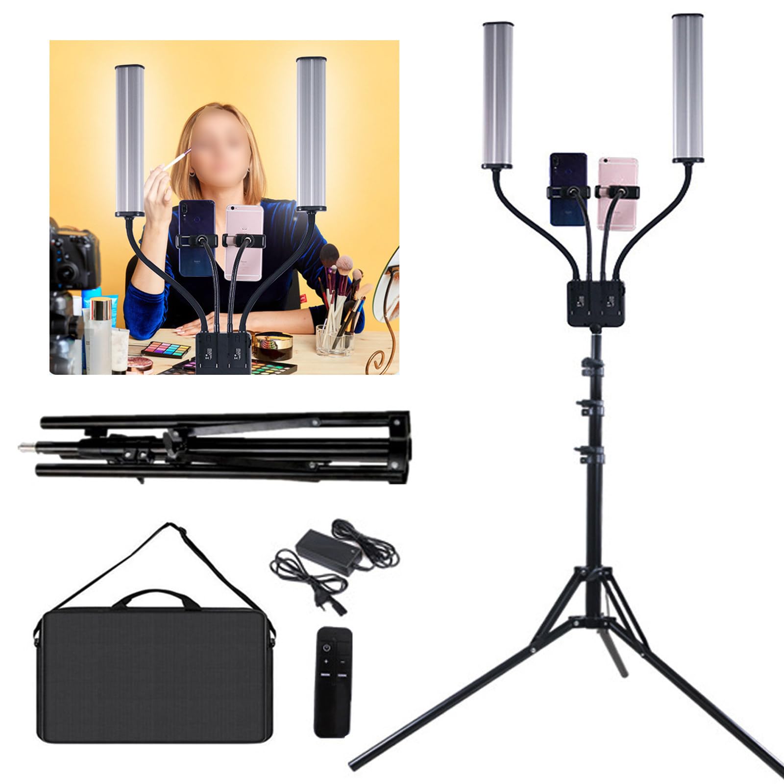 OXFUZZ 45w Double Arms Beauty Light With Adjustable Tripod Stand, Dimmable 3200-5600k Led Floor Lamp Photography Light With 2 Phone Holders/Remote Control, For Makeup,Manicure,Live Streaming,Black