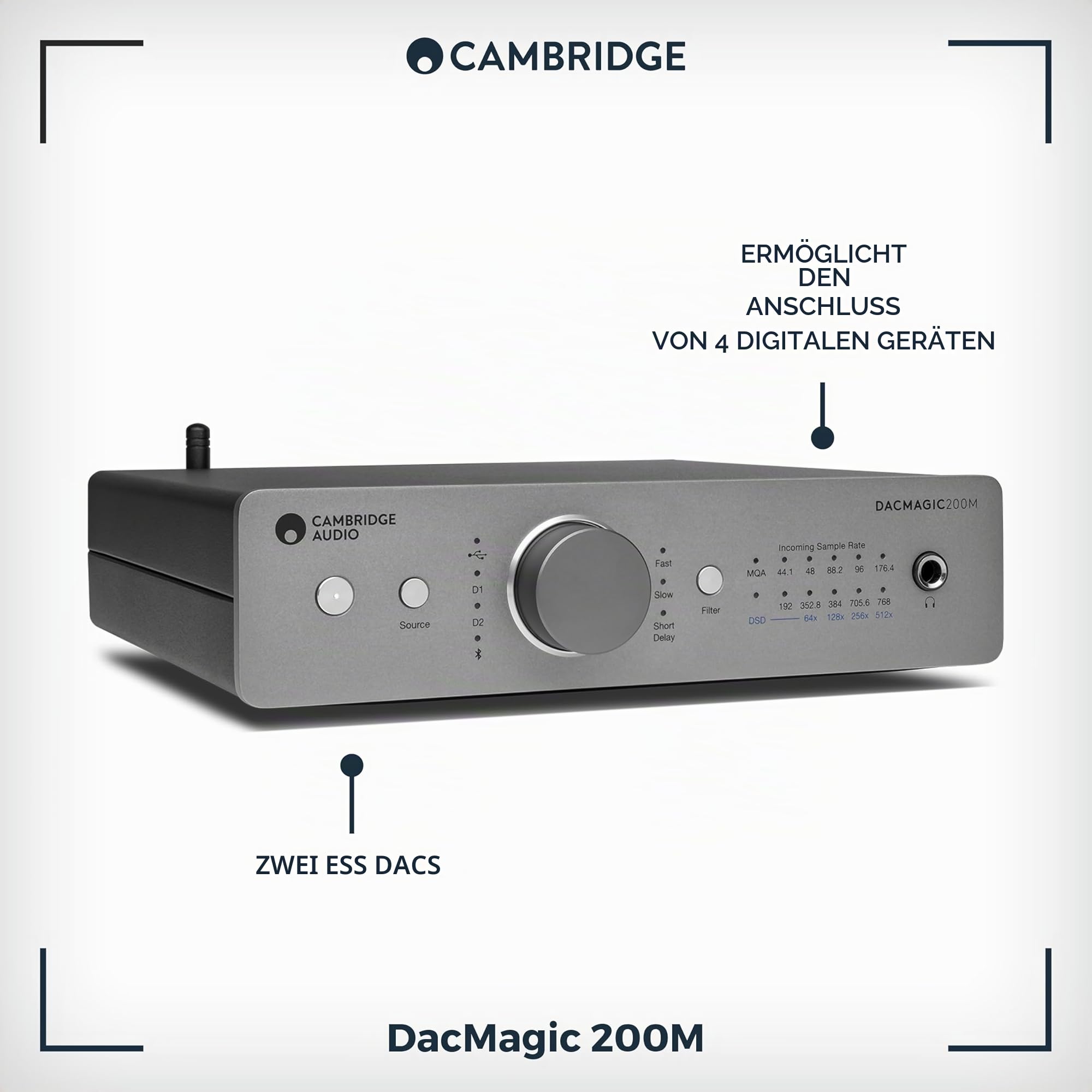 Cambridge Audio DacMagic 200M - MQA HiFi DAC und Kopfhörerverstärker mit Bluetooth - PC/MAC-Unterstützung mit USB-Anschluss - Verarbeitung digitaler Dateien bis zu 24/768 oder DSD512 - Lunar Grey