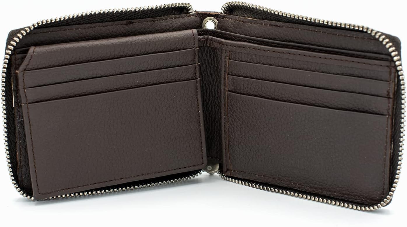 Portafoglio a catena in pelle con blocco RFID, da uomo, in vera pelle di mucca, con cerniera in metallo YKK e finestra identificativa apribile, Marrone senza catena, Small