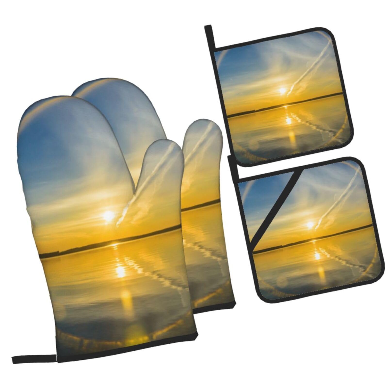 Sunrise horizon Printed Oven Mitts and Pot Holders Heat Resistant Set of 4 Pcs, Modern Kitchen Gloves & Potholders for Cooking Baking Grilling