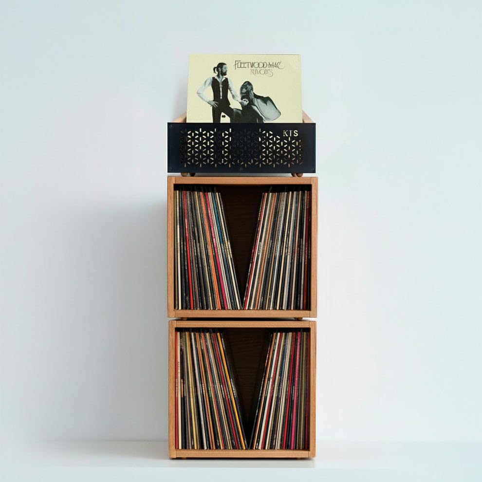 Set modulare per dischi in vinile | 2 scatole + 1 battuta +150 LP | Mobile in legno massello e acciaio al carbonio | Organizzatore ed espositore in vinile