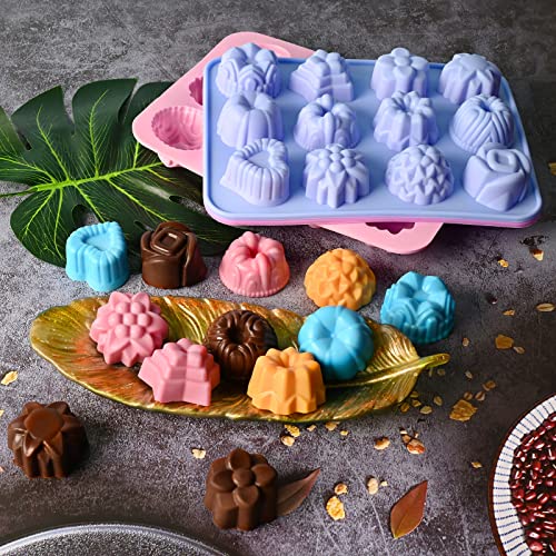 Image of Sakolla 3 Pack Flower Molds Silicone, 12 Cavities Different Shapes Silicone Molds for Chocolate, Cupcake, Candy, Jelly, Ice Cube, Muffin (Pink, Purple, Blue)