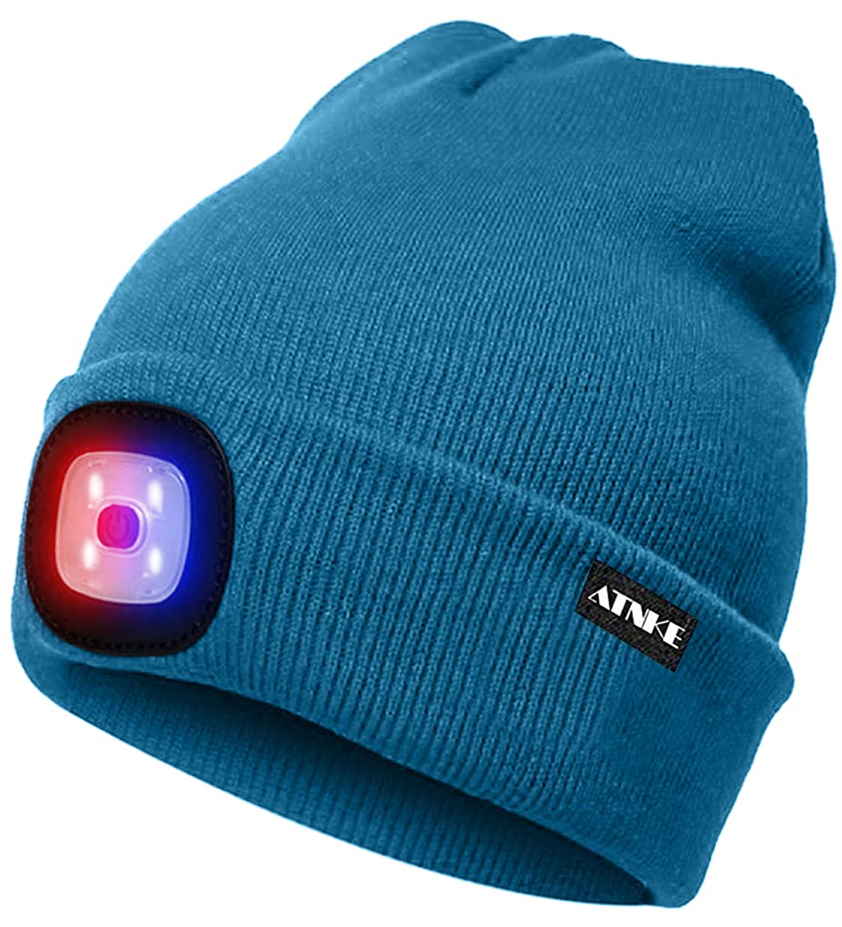Atnke Men's Peacock Blue Led Lighted Beanie Cap,Usb Rechargeable 4 Led Red And Blue Glow Flashing Running Headlamp Hat Winter Warm Gifts For And Wo