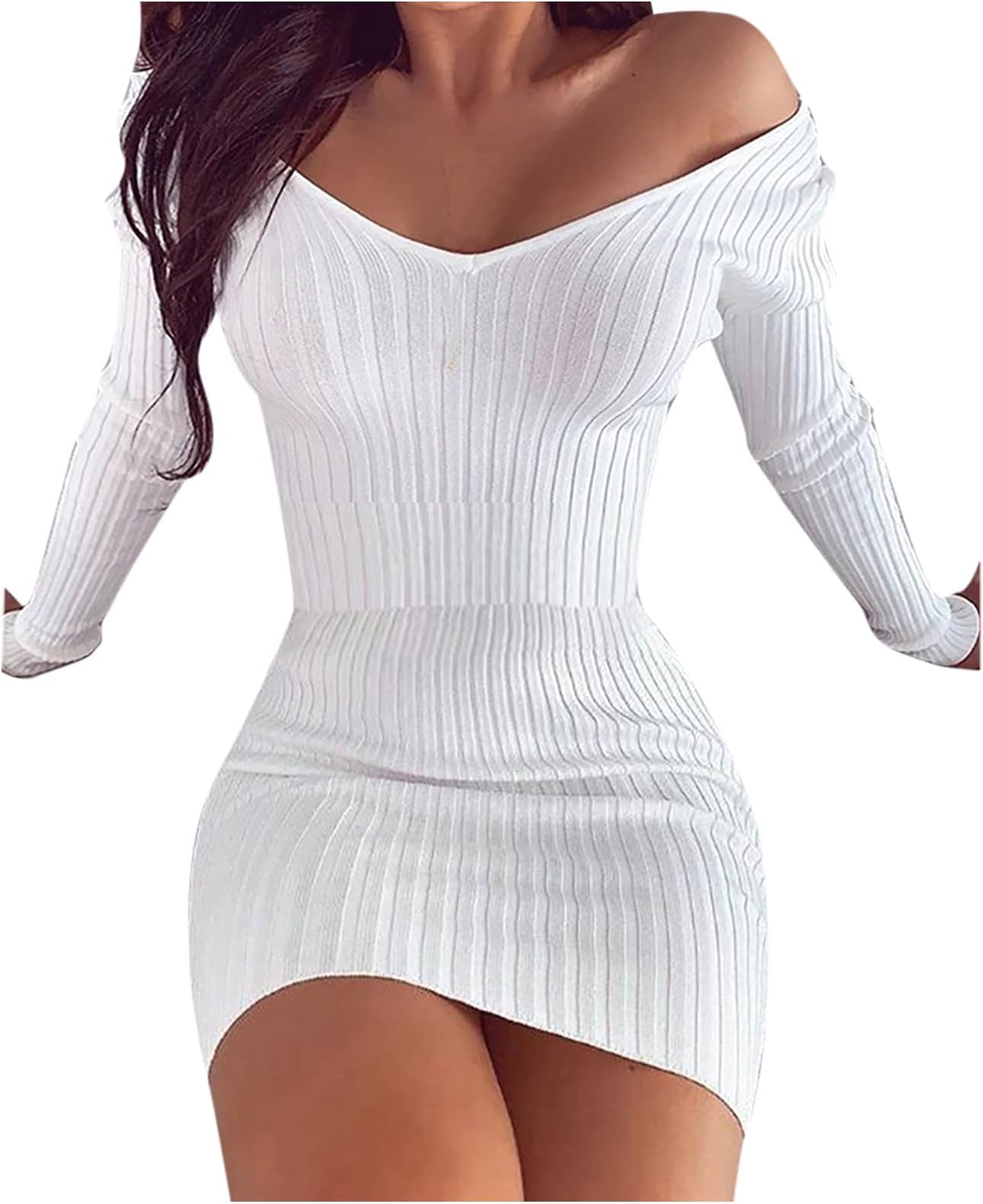 AMhomelyWomen Dresses Sale,Fashion Ladies Sexy Solid V-Neck Long-Sleeved Sheath Tight Mini Dress UK Size Party Elgant Dresses Clearance Work Dress Office Dressing White