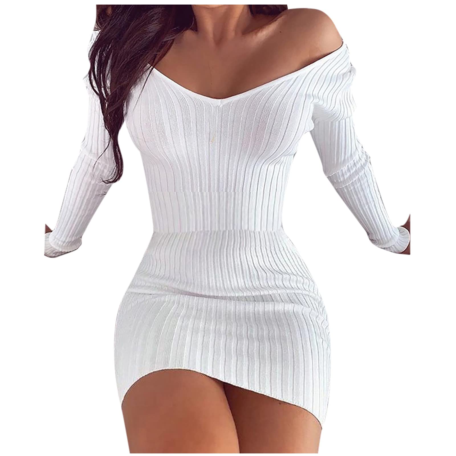 AMhomelyWomen Dresses Sale,Fashion Ladies Sexy Solid V-Neck Long-Sleeved Sheath Tight Mini Dress UK Size Party Elgant Dresses Clearance Work Dress Office Dressing White