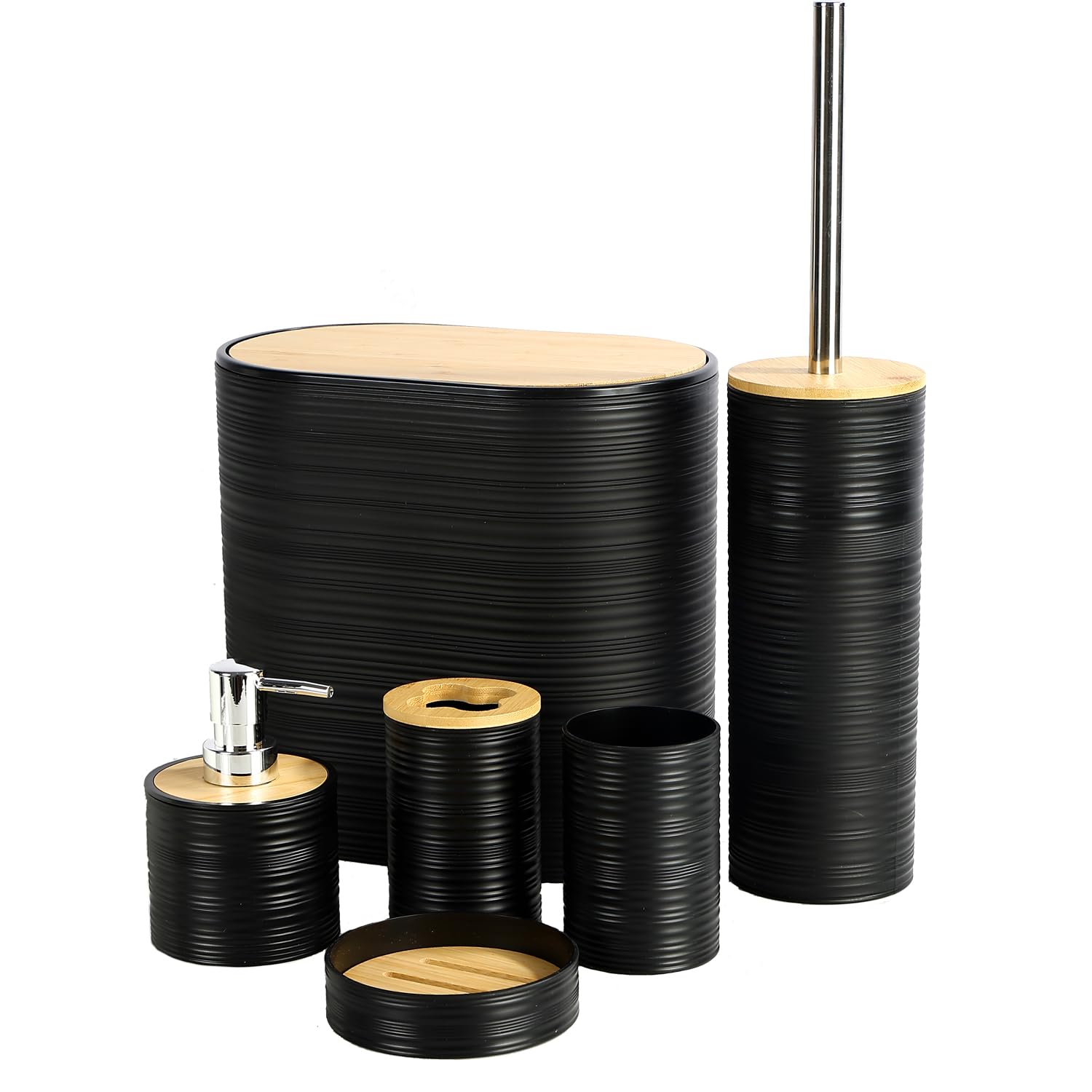 JETAINE Bathroom Accessories Set 6 Pieces, Bamboo Bathroom set Accessory, Luxury Toilet Accessories set w/Trash Can, Toilet Brush, Soap Dispenser, Toothbrush Holder, Black