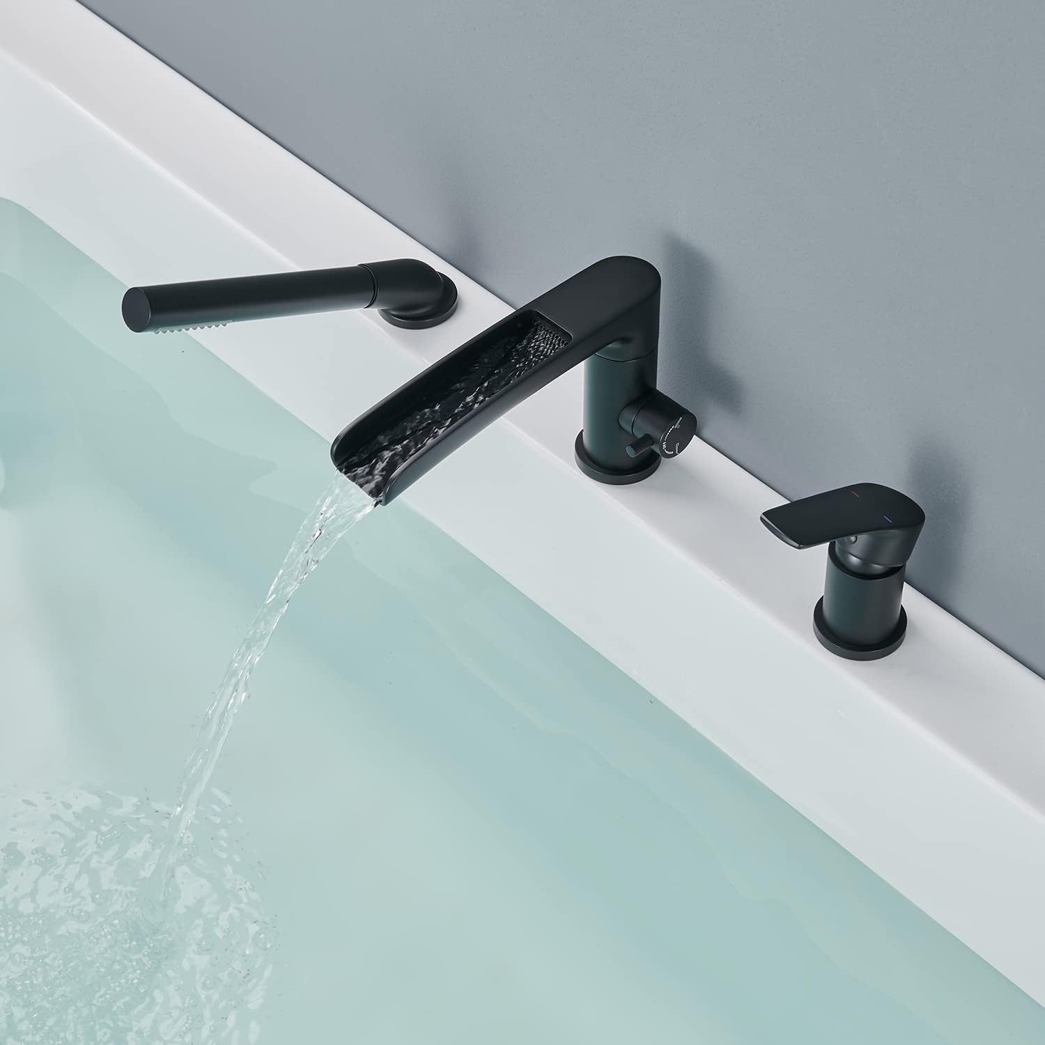 Wowkk Waterfall Roman Tub Faucet Black Deck Mount Bathtub Faucets Brass Tub Filler Bathroom Faucets with Hand Shower