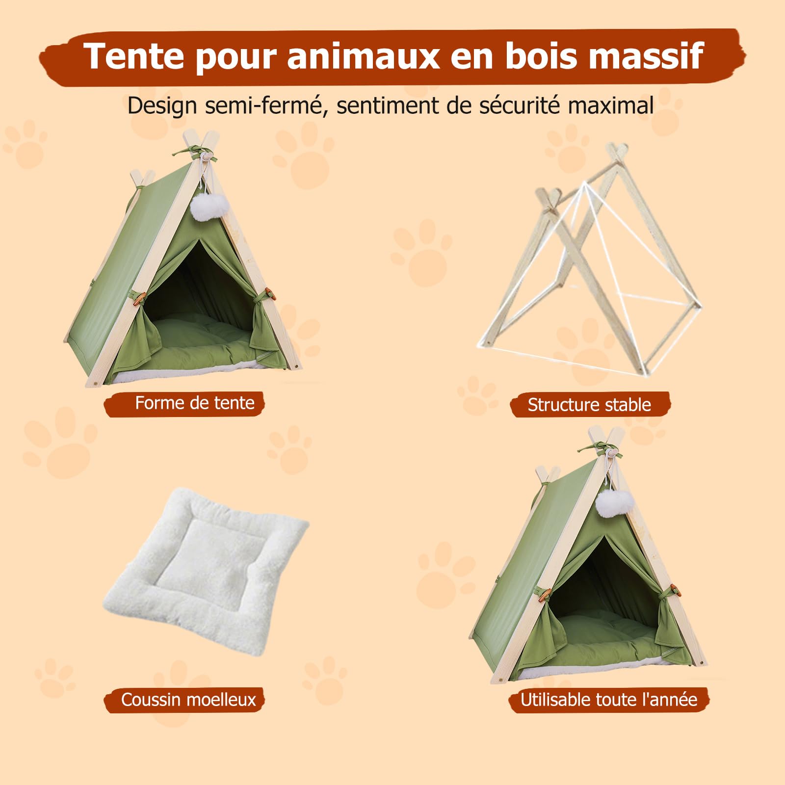 PETCUTE Tente tipi pour Chats et Petits Chiens, Pliables Tente pour Chiens avec Structure Triangulaire en Bois et Coussin Amovible, Niche d'intérieur Confortable pour Chat,Vert