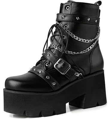 Platform Ankle Boots for Women Gothic Round Toe Studded Lace up Chain Zipper Combat Booties Motorcycle Boots