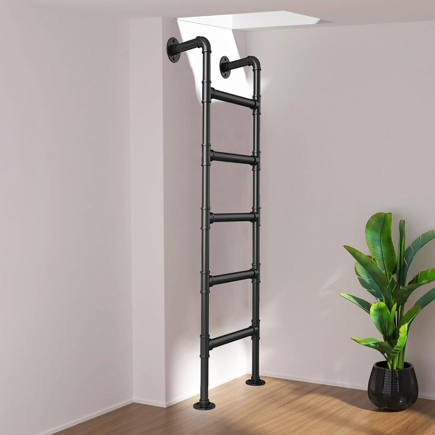 Heavy Duty Emergency Egress Ladder - Metal Wall-Mounted Climbing Ladder for Window Wells Industrial Iron Pipe Design Available in 39-70 Inch Sizes for Indoor/Outdoor Use