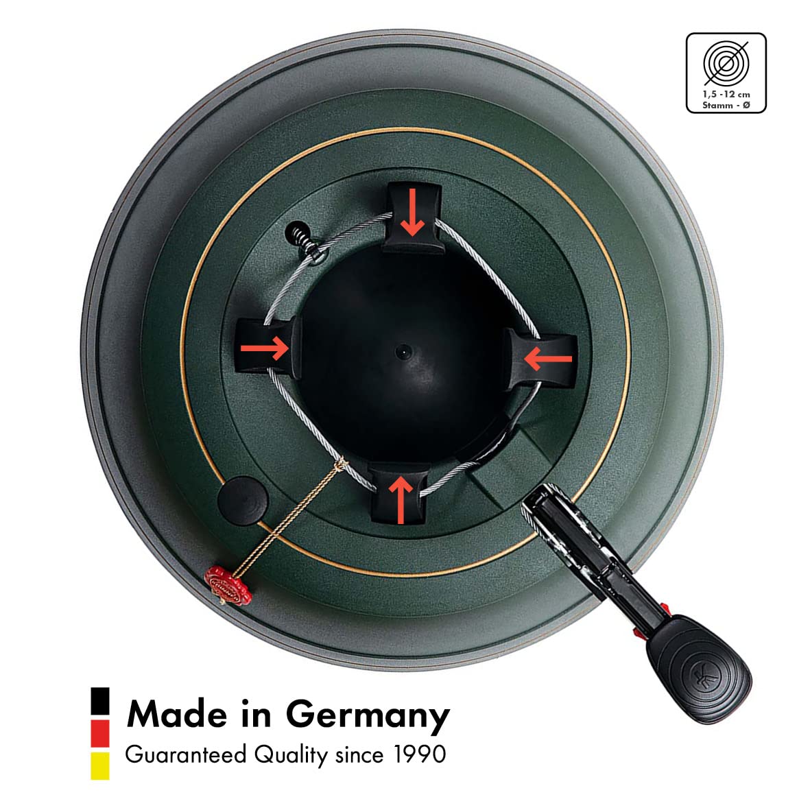 KRINNER® Ultra Grip L Christbaumständer Weihnachtsbaumständer inkl. Einseiltechnik Fußpedal mit Sicherungsglocke und 3,7 Liter Wassertank für Baumhöhe bis 2,7m MADE IN GERMANY 94235