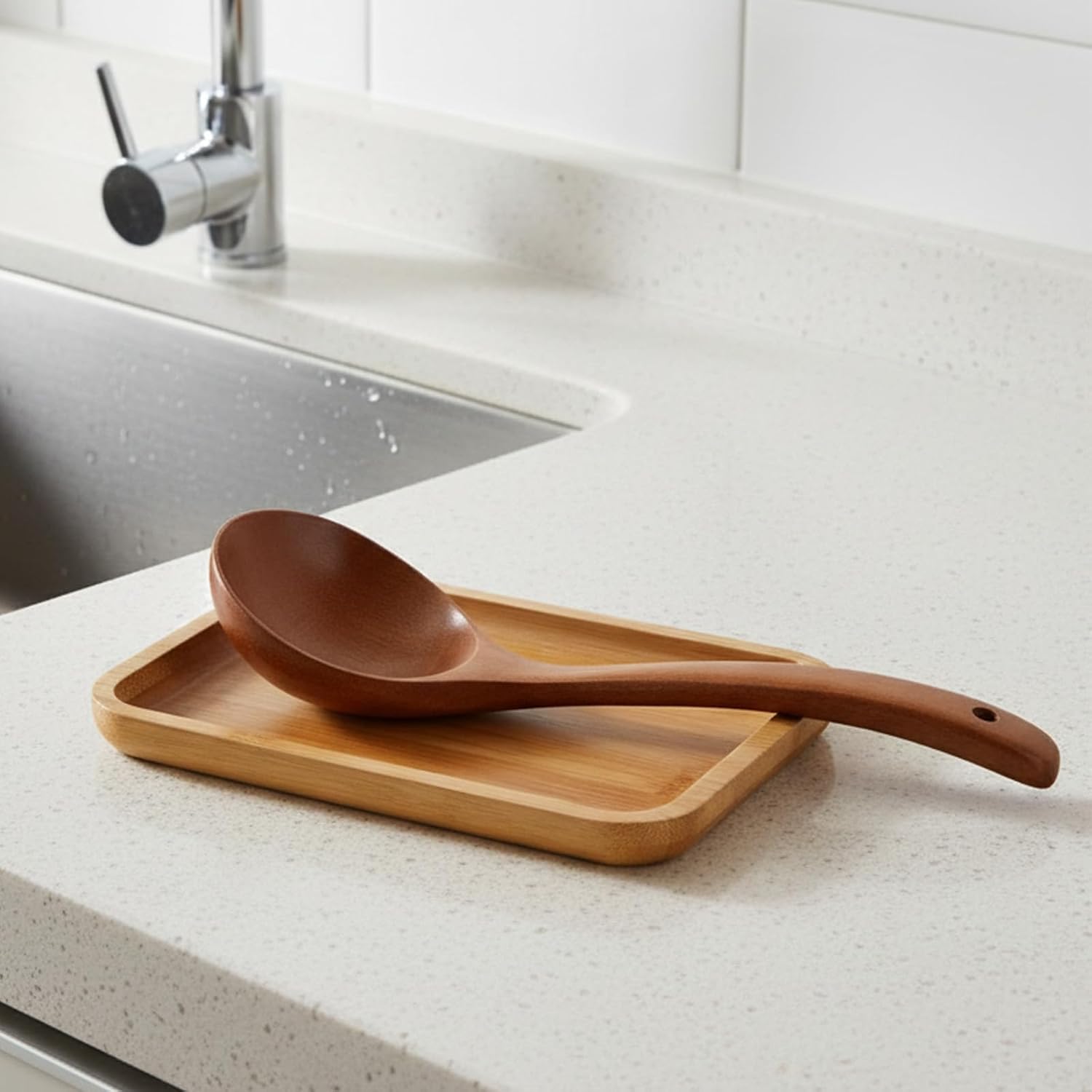 7.1 Inch Spoon Rest for Stove Top Bamboo, Rectangular Spoon Holder Utensil Kitchen Counter, Smooth Rest with Non Slip Silicone Feet for Spoons Spatulas Farmhouse