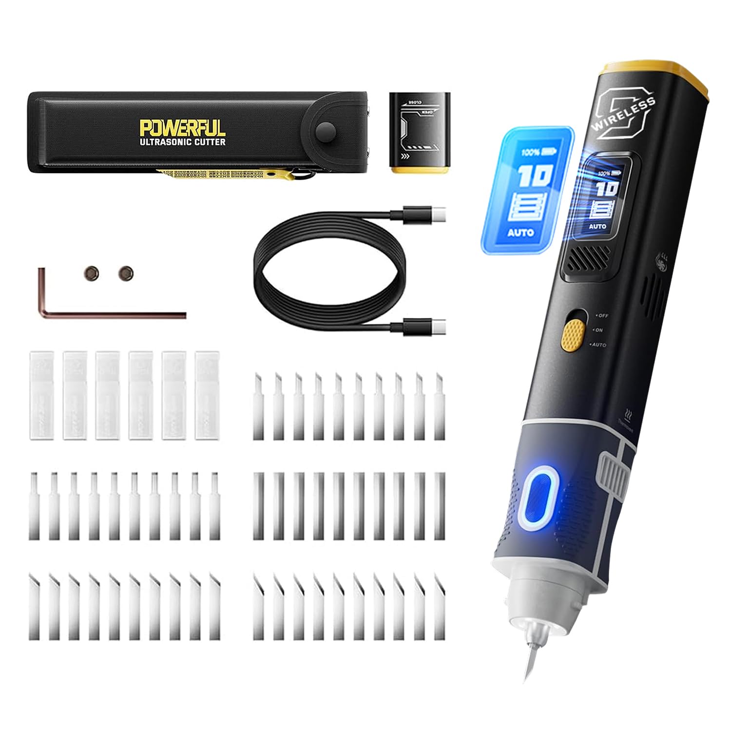 Wireless Ultrasonic Cutter, 40kHz Vibration, 30W Auto Power Adjustment, Smart Start/Stop, Turbine Cooling, 3 Modes, 50PCS Blades, Cordless Knife for 3D Printing, Model Making & DIY Projects