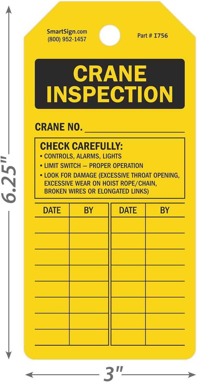 SmartSign 100-Pack Crane Inspection Tags, Write-On Tags in Dispenser Box, 2-Sided with Safety Checklist and Blank Grid for Inspection Details, 6.25" x 3", 10 mil Plastic, Yellow and Black