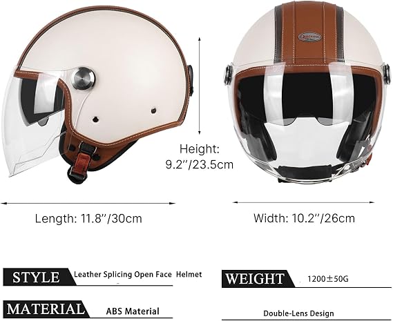 PU Leather Motorcycle Open Face Helmet Scooter Helmet Jet Helmet with Double Visor DOT Approved