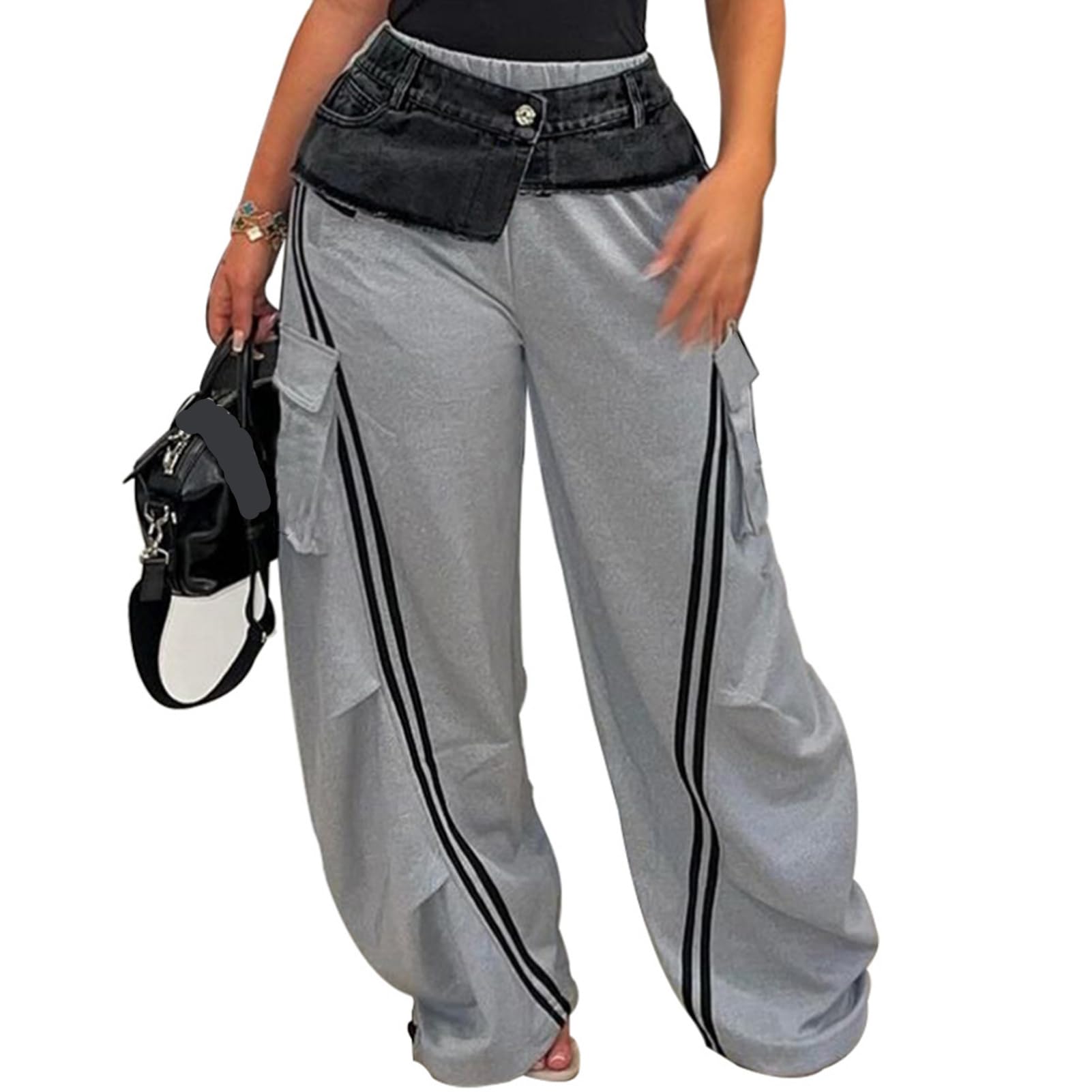 ThusFar Women High Waist Wide Leg Sweatpants with Patchwork Jean Straight Leg Striped Denim Pants Trendy Jean