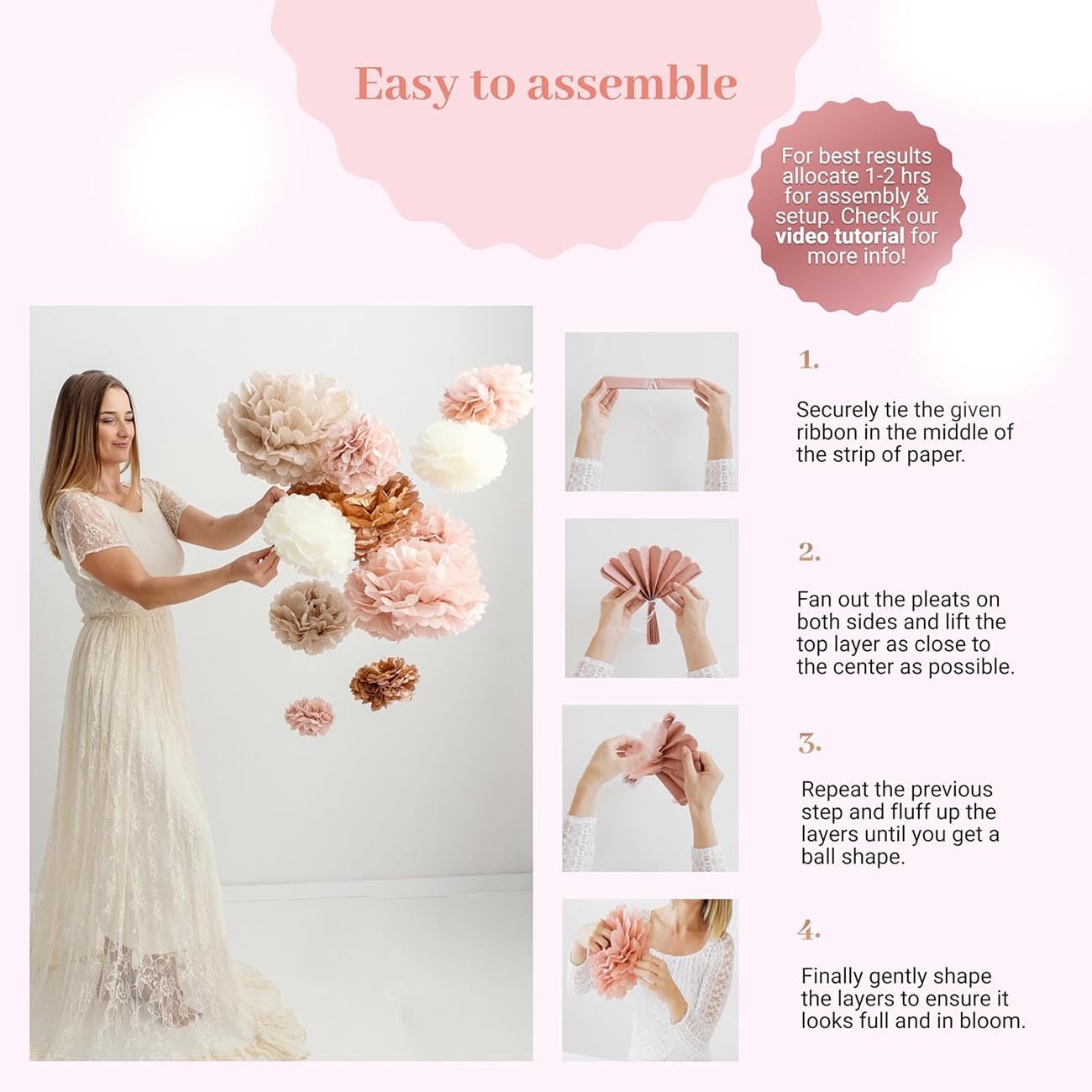 RoadLoo Papier Pompons 16er Set In Rosa - Deko Für Hochzeit, Geburtstag & Babyparty