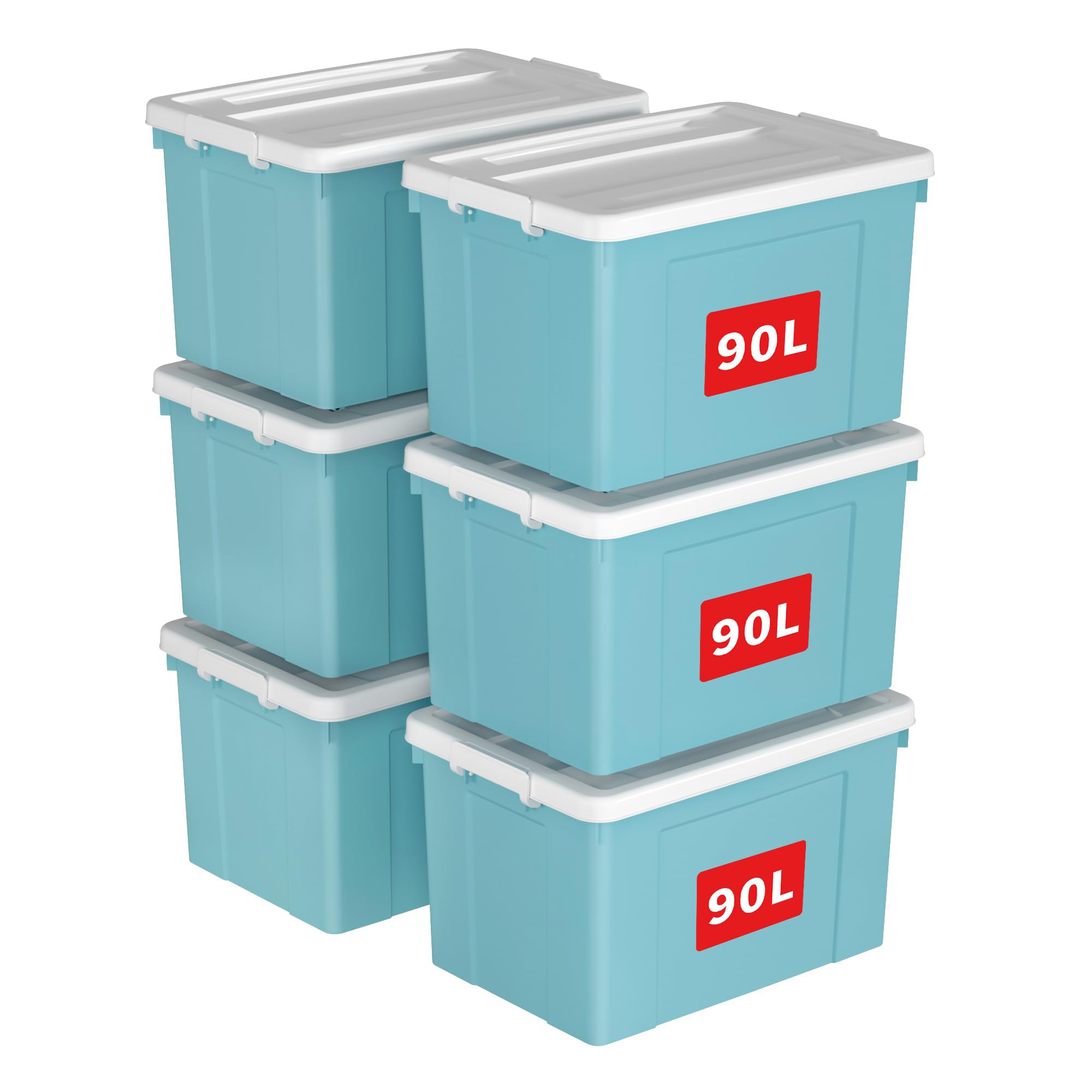 Cetomo 90L*6 Scatole di Stoccaggio in Plastica, Scatole Portaoggetti con Coperchio, Organizzatore con Ruote, Contenitori per Casa e Ufficio, Impilabile, Resistente, Blu, 90L - Confezione da 6