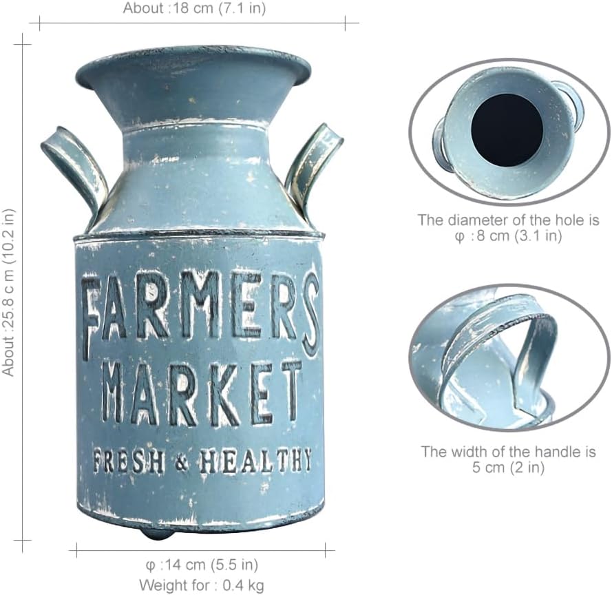 Vintage Rustic Metal Flower Vase Farmhouse Distressed Decor Plant Jug Cans Shabby Milk Pitcher for Indoor & Outdoor Garden Livingroom Entryway Table Centerpieces Shelf Kitchen Decor Blue