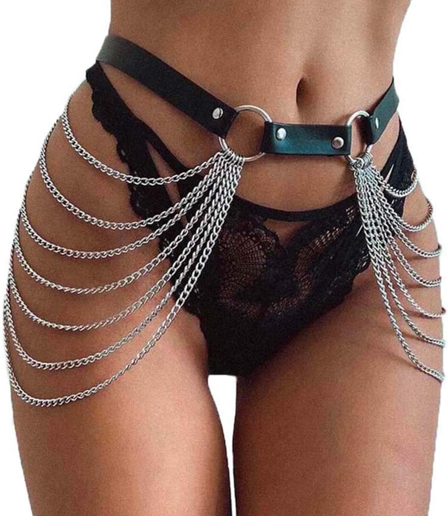 Victray Punk Black Waist Chain Belt Leather Layered Belly Body Chains Rave Body Jewelry Accessories for Women and Girls (Black)
