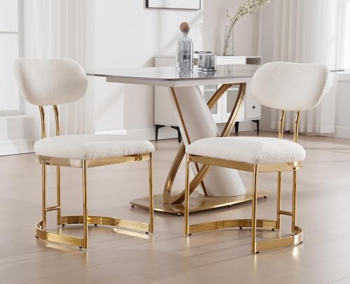 EALSON Juego de 2 sillas de comedor blancas modernas con patas doradas, sillas tapizadas de sherpa para cocina, comedor, respaldo curvado, sillas de