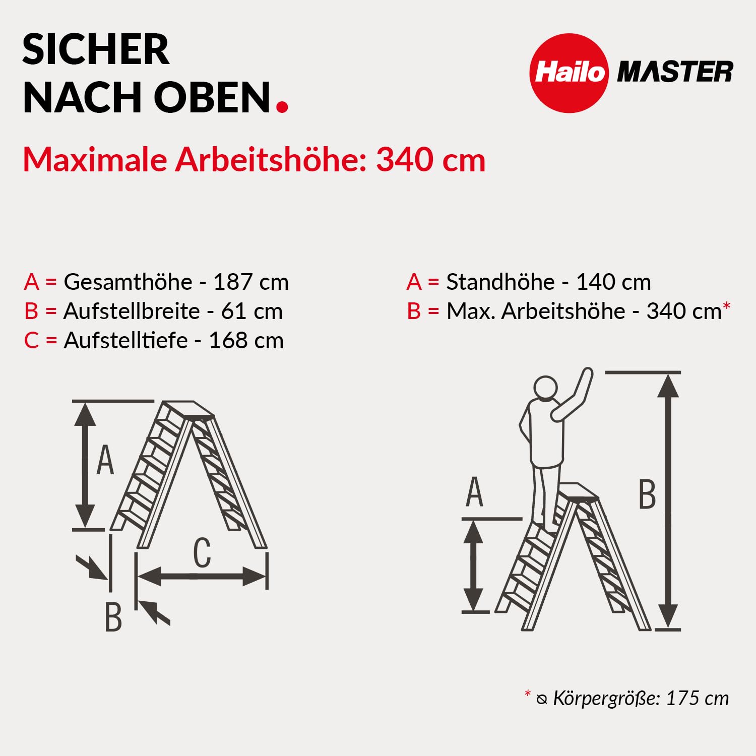 Hailo Master D100 Aluminium Doppelstufenleiter – beidseitig begehbare Stufenleiter - breite Rutschhemmende Stufen - große Abstellfläche - 2 x 8 Stufen - EN 131 geprüft - belastbar bis 150 kg