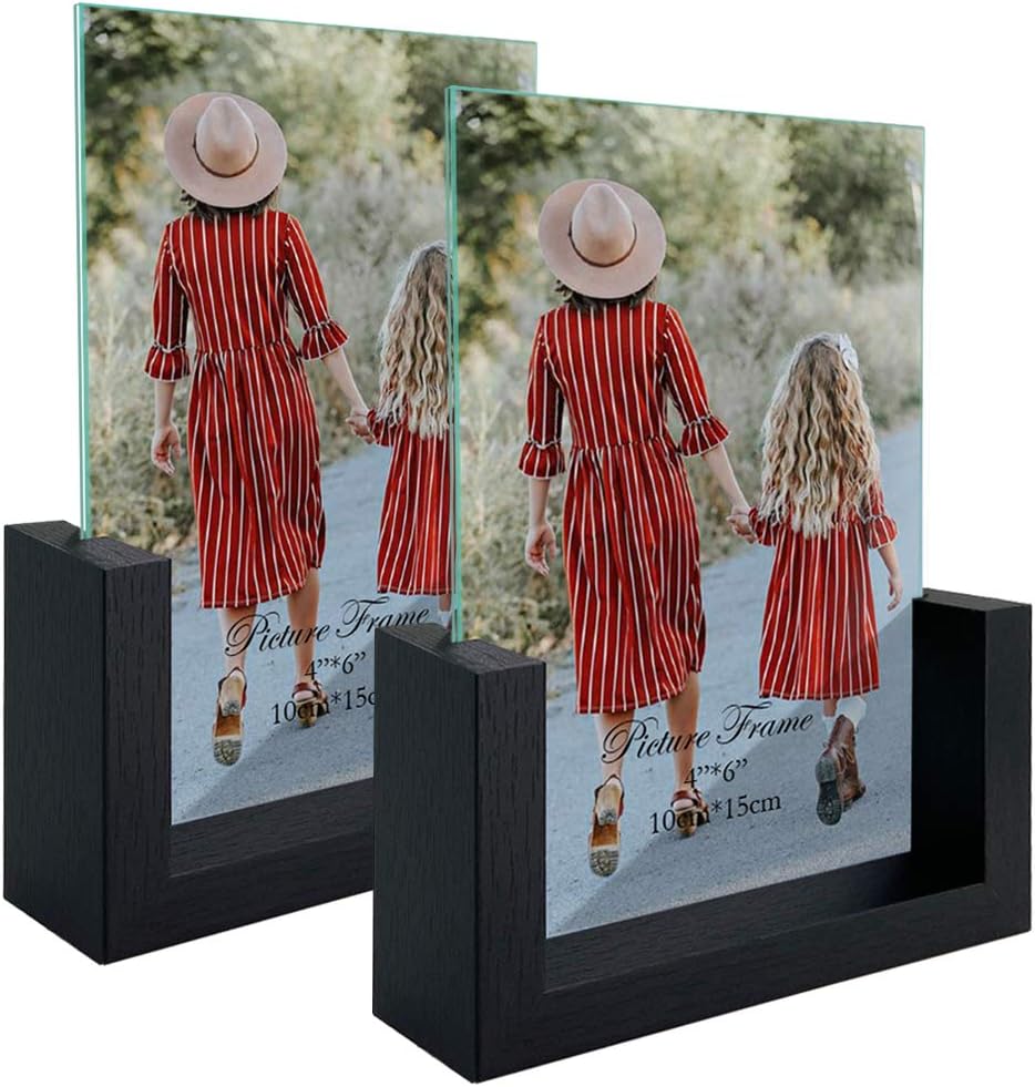 MEBRUDY 4x6 Picture Frame 2 Pack, Black Photo Frames with Tempered Glass Cover and Wooden Base for Tabletop or Desktop Display